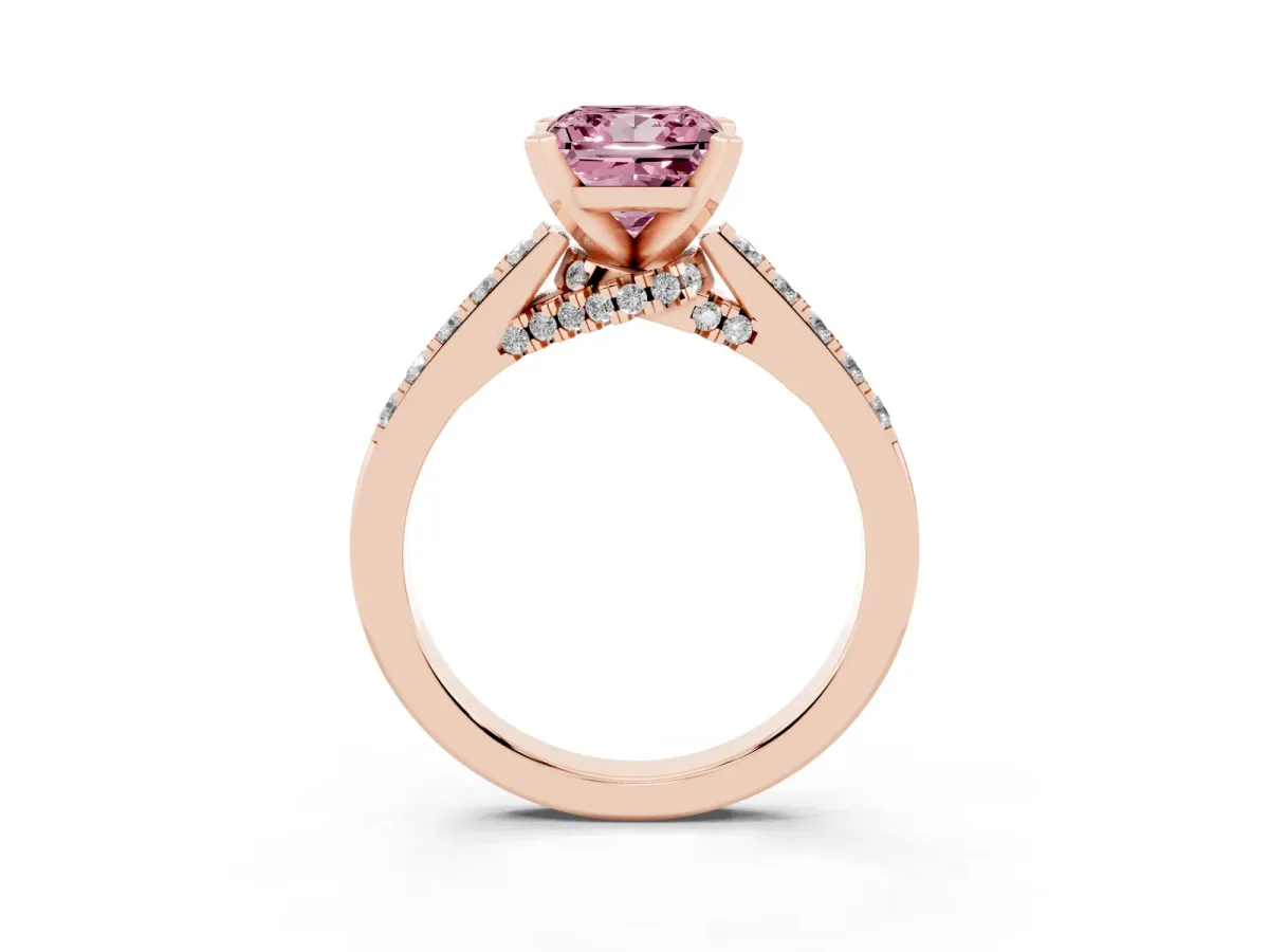 Fancy Pink Princess Cut Diamond Solitaire Ring with Crossover Gallery and Round Pavé Band Rose gold