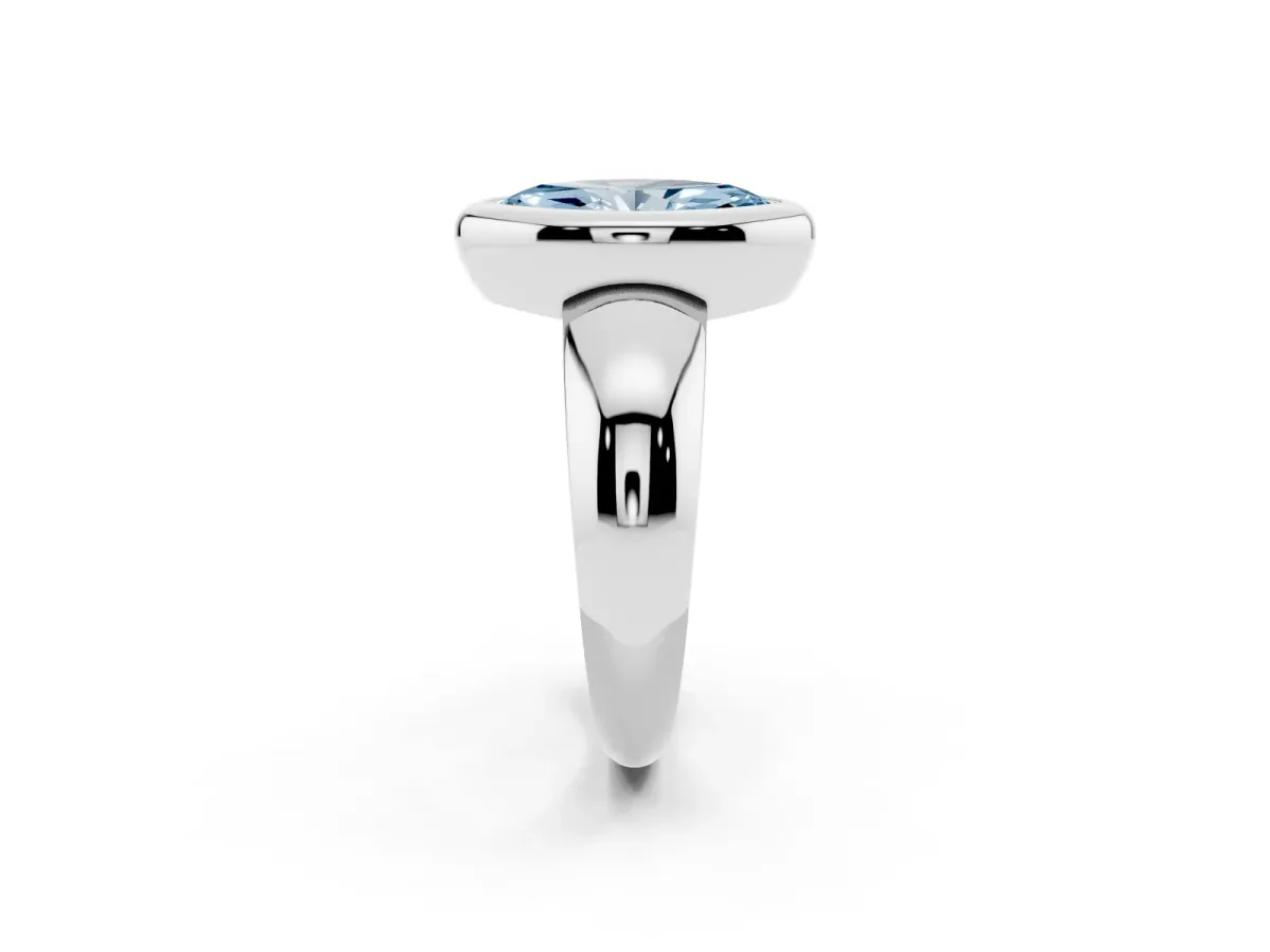 Fancy Blue Bezel Set Marquise Cut Solitaire Ring with Wide Band White gold