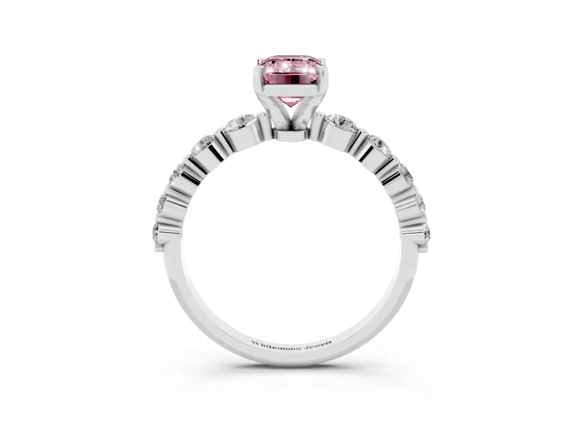 Fancy Pink Emerald Cut Solitaire Diamond Ring with Pave Band and Four-Prong Setting Platinum