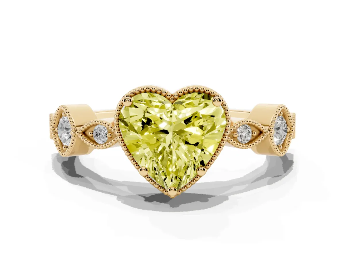 Fancy Yellow Heart Cut Diamond Vintage Milgrain Ring with Round Stations Yellow gold