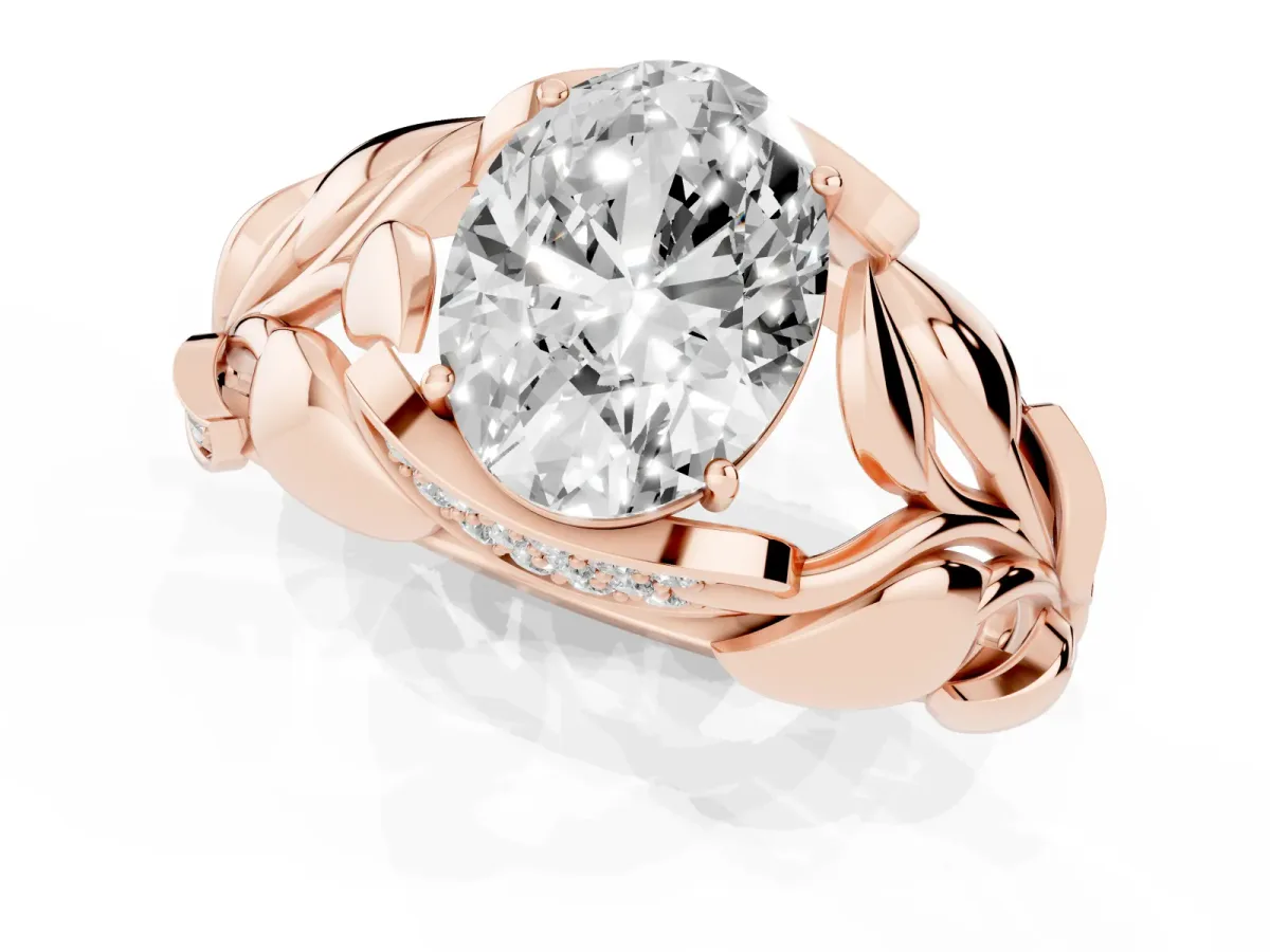 Oval Cut Diamond Leaf-Inspired Engagement Ring with Round Accents and Prong Setting Rose gold