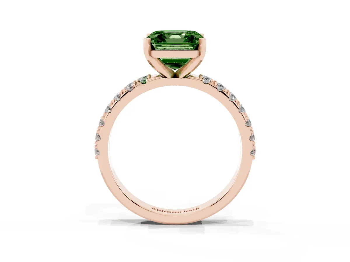 Fancy Green Asscher Cut Diamond Solitaire Pavé Band with Four-Prong Setting Rose gold
