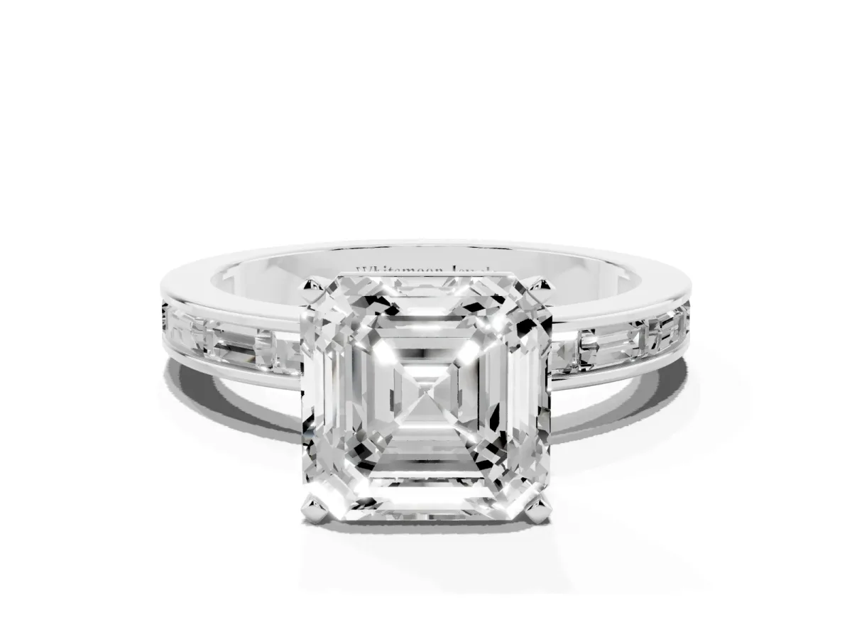 Asscher Cut Solitaire Diamond Ring with Channel-Set Baguette Band and Four-Prong Setting White gold