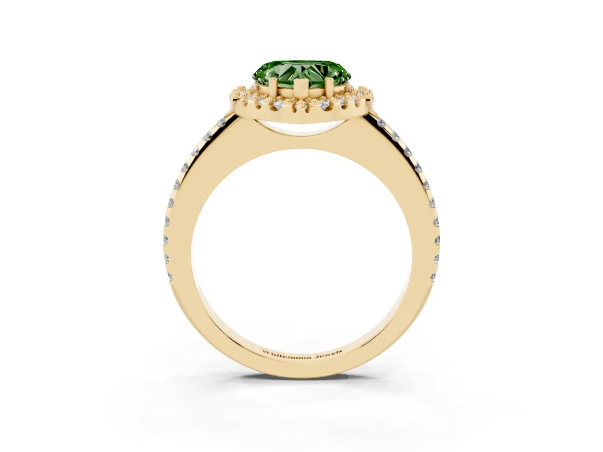 Fancy Green Heart Cut Diamond Pavé Halo Ring with Four-Prong Setting Yellow gold