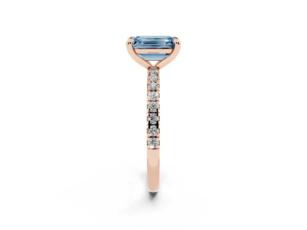 Fancy Blue Emerald Cut Diamond Brilliant Solitaire Ring with Pavé Band and Four-Prong Setting Rose gold