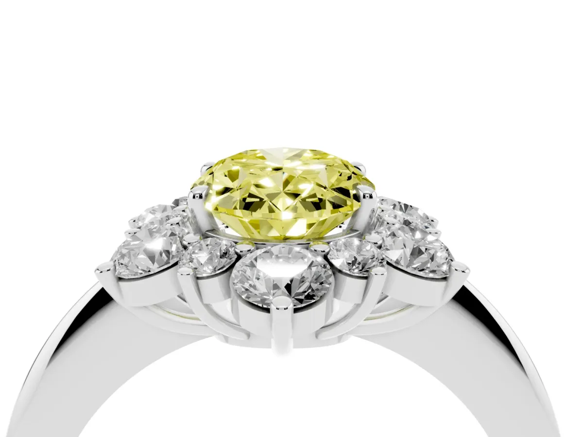Fancy Yellow Oval Cut Diamond Cluster Halo Ring with Solitaire Band and Four-Prong Setting Silver