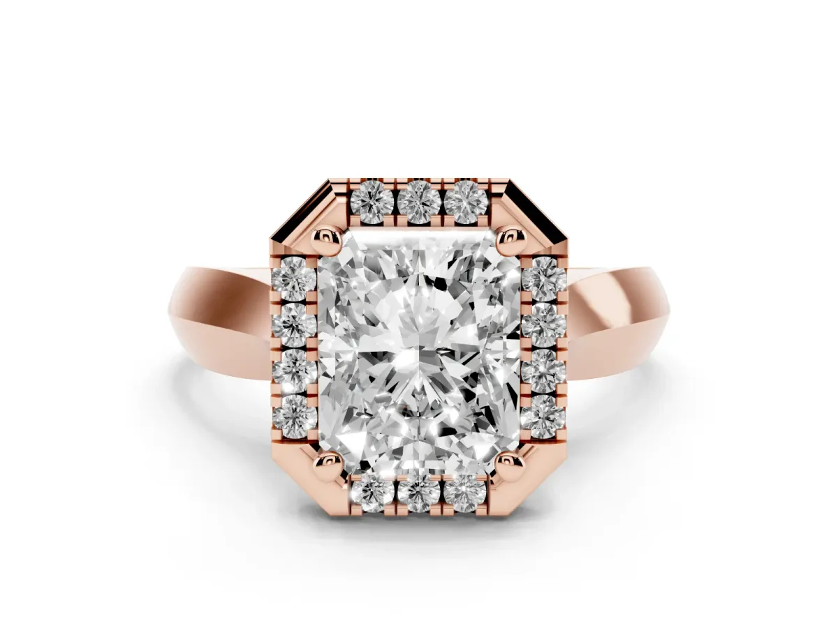 Radiant Cut Cut Halo Solitaire Engagement Ring with Square Band and Four-Prong Setting Rose gold