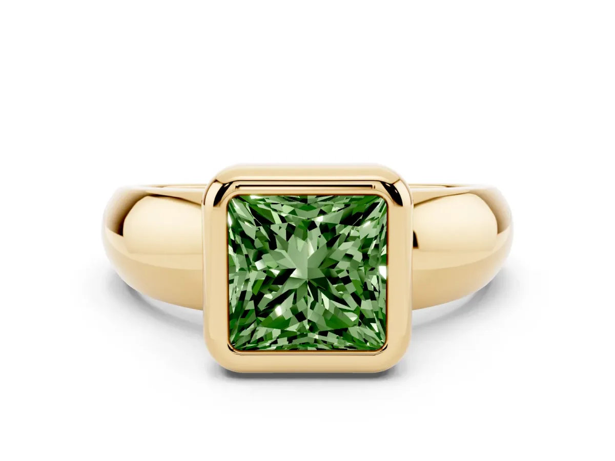 Fancy Green Bezel Set Princess Cut Solitaire Ring with Wide Band Yellow gold
