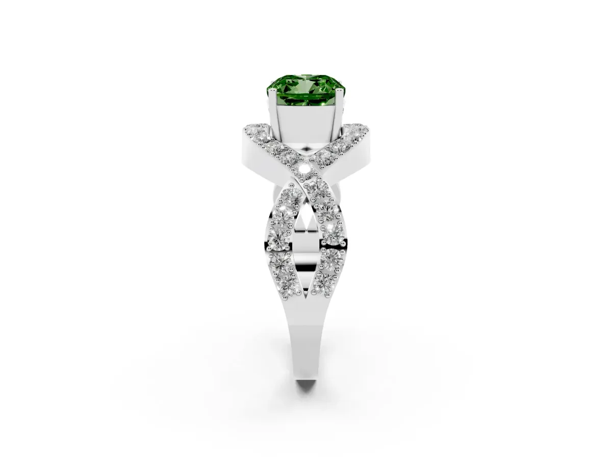 Fancy Green Cushion Cut Solitaire Twist Band Pavé Diamond Engagement Ring Silver