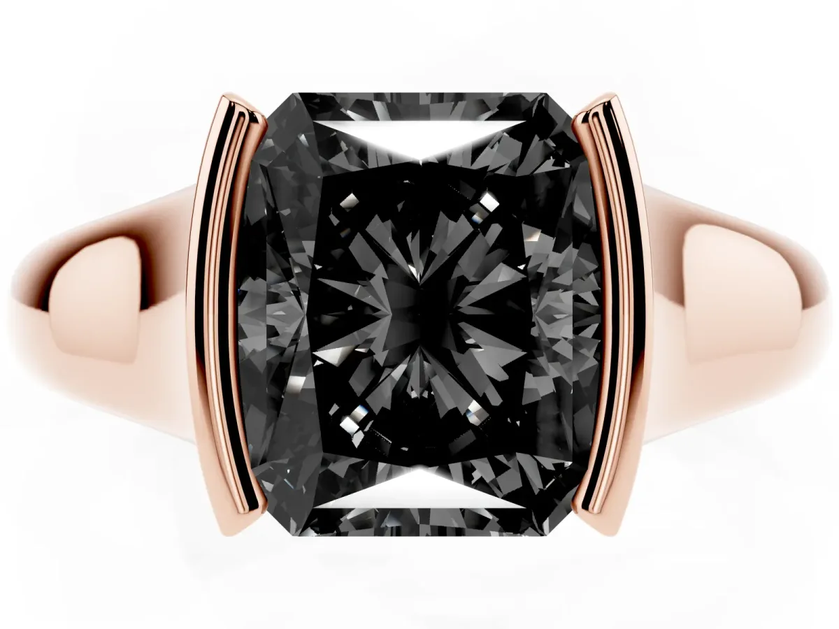 Fancy Black Radiant Cut Solitaire Tension Set Diamond Ring with Split Shank Band Rose gold