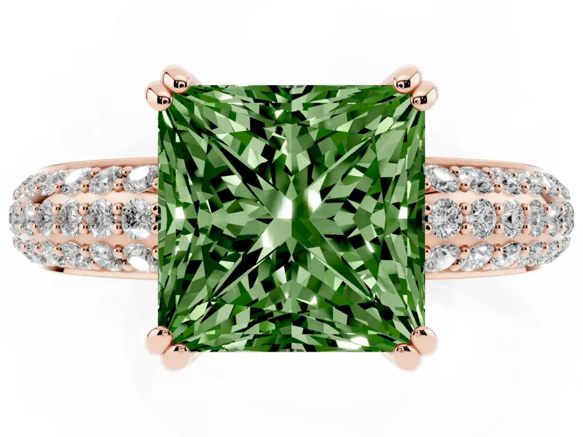 Fancy Green Princess Cut Diamond Solitaire Ring with Multi-Row Round Pavé Band and Prong Setting Rose gold