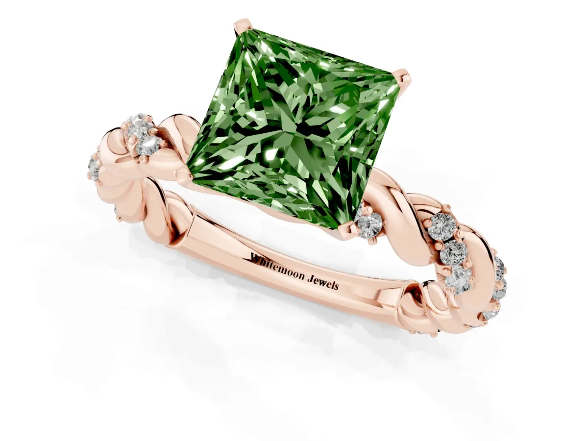 Fancy Green Princess Cut Diamond Solitaire Ring with Twisted Band and Pavé Accents Rose gold