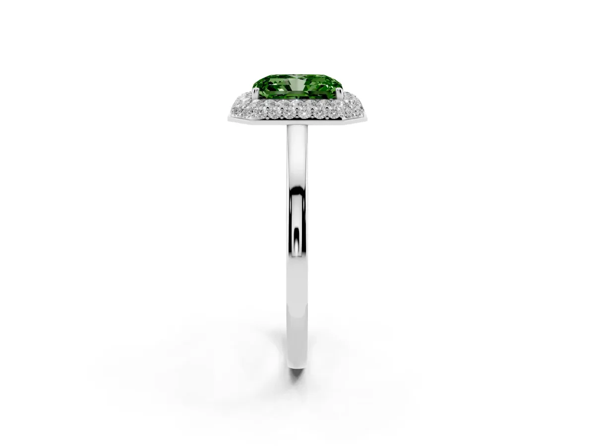 Fancy Green Radiant Cut Halo Diamond Engagement Ring with Solitaire Band and Four-Prong Setting Silver