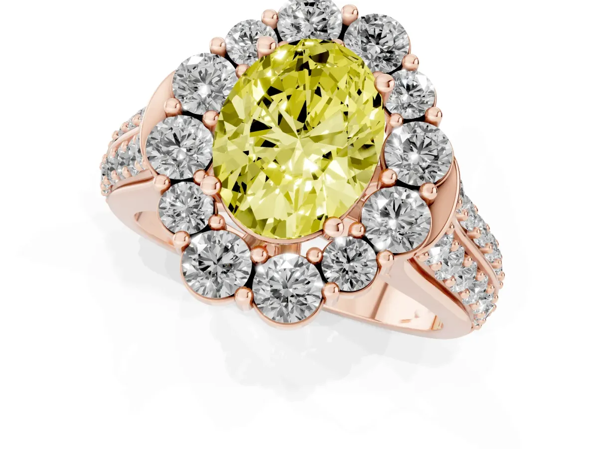 Fancy Yellow Oval Cut Halo Diamond Engagement Ring with Split Shank and Prong Setting Rose gold