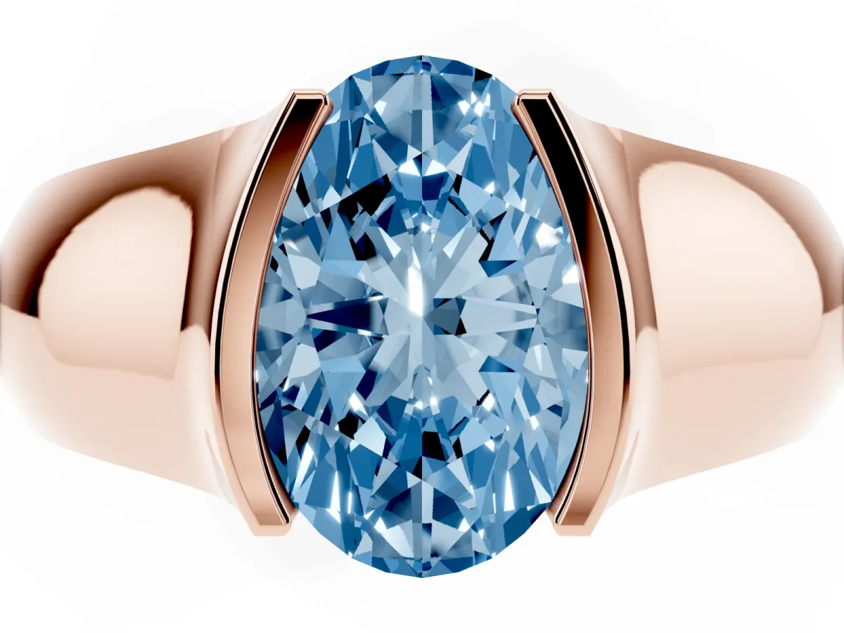 Fancy Blue Oval Cut Solitaire Bezel Set Diamond Ring with Wide Band Rose gold