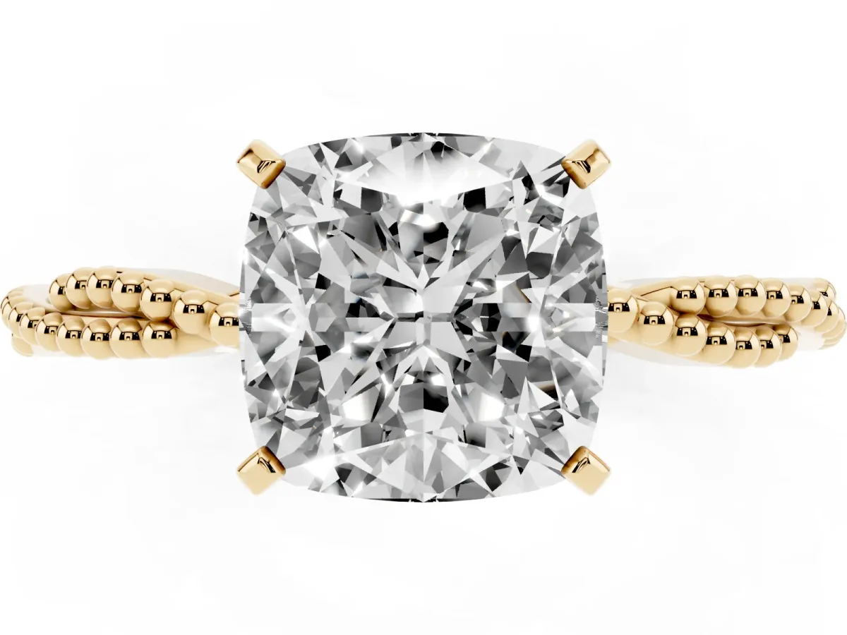 Cushion Cut Solitaire Twisted Band with Bead Prong Setting Yellow gold