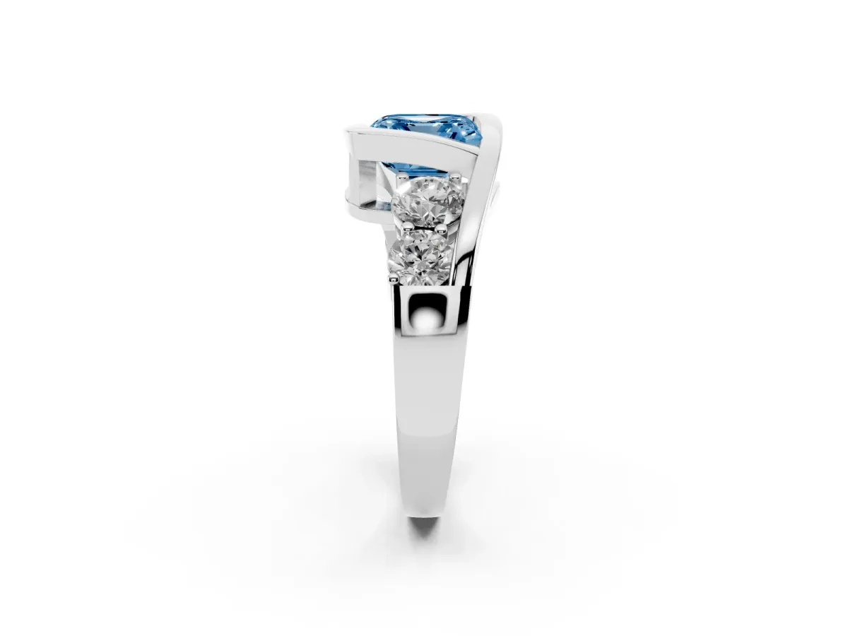 Fancy Blue Bezel Set Asscher Cut Diamond Bypass Ring with Round Accents Platinum