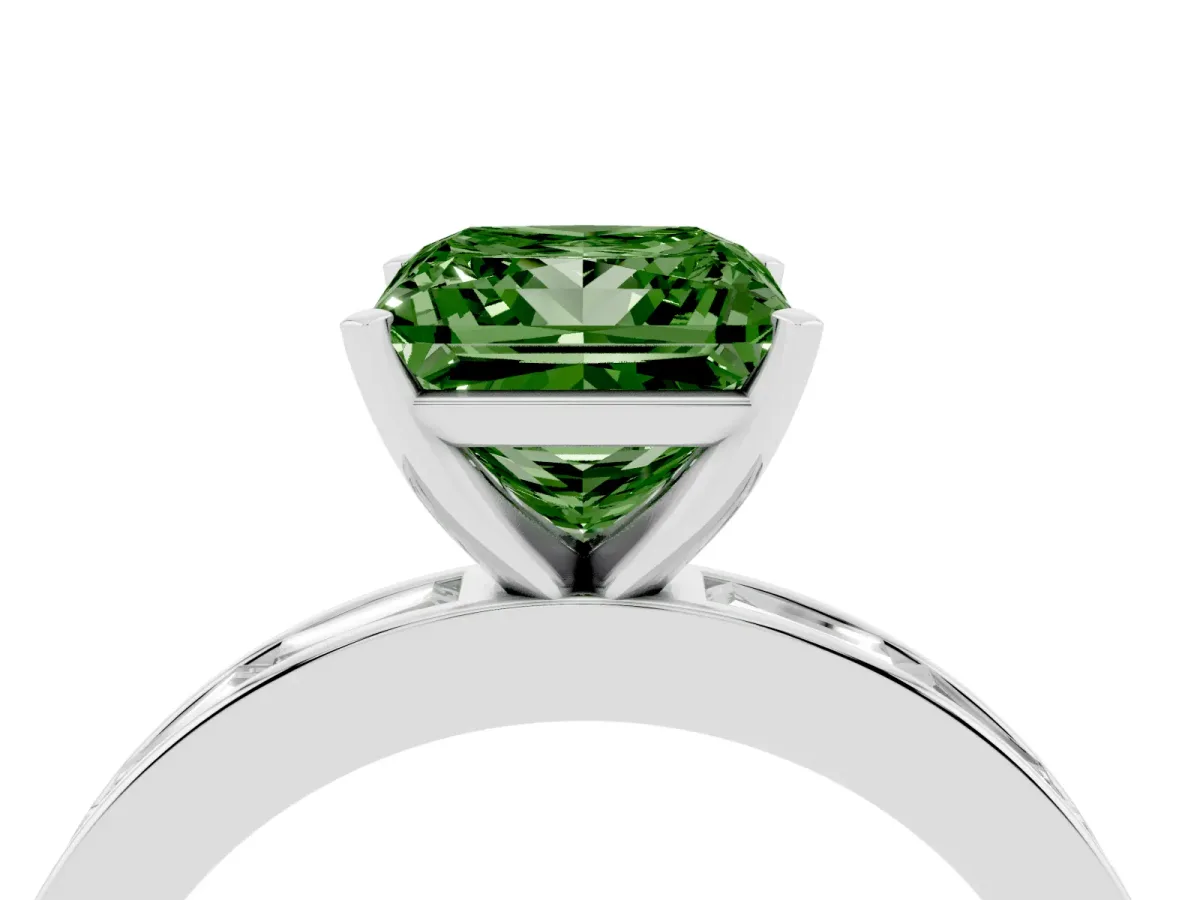 Fancy Green Princess Cut Solitaire Diamond Ring with Channel-Set Baguette Band and Four-Prong Setting Platinum