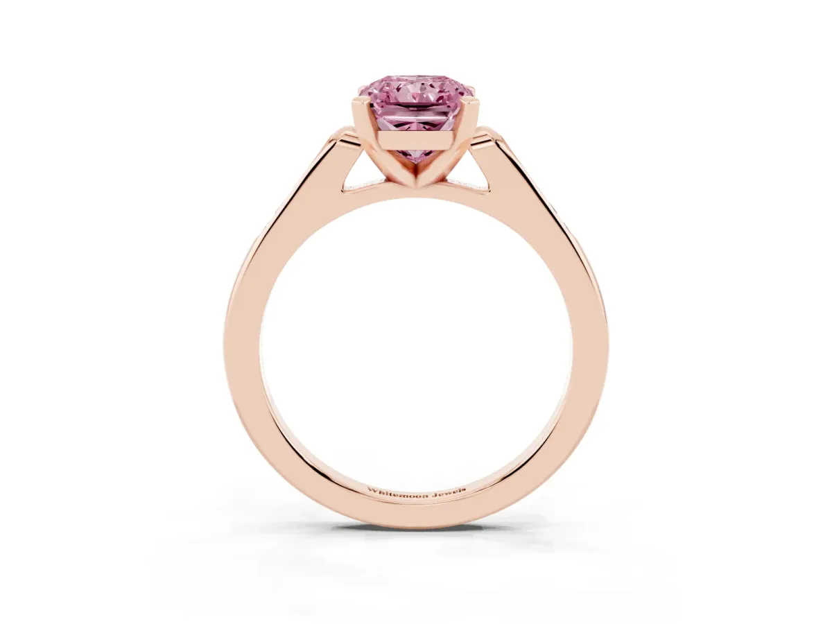 Fancy Pink Radiant Cut Diamond Solitaire Ring with Channel Set Round Band and Prong Setting Rose gold
