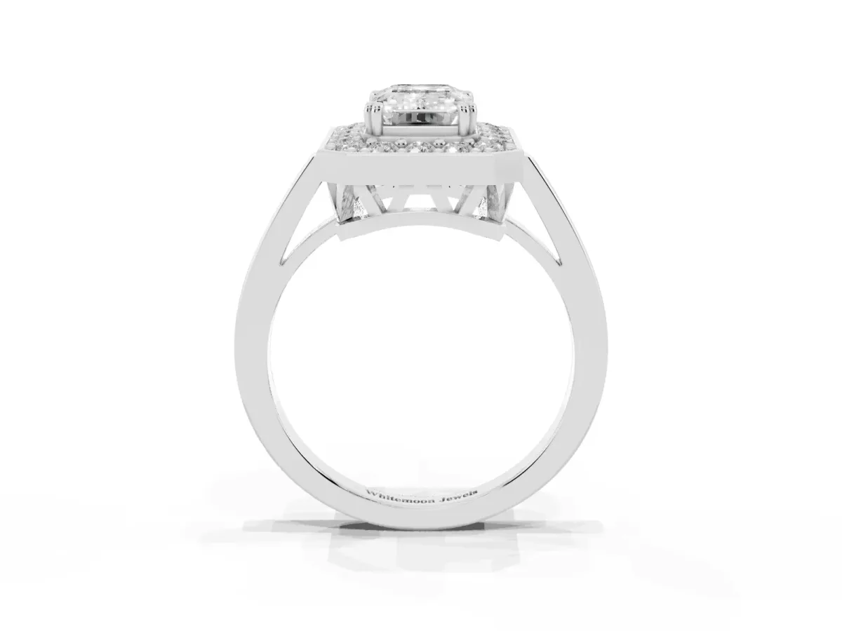 Emerald Cut Diamond Halo Ring with Split Shank and Four-Prong Setting Silver