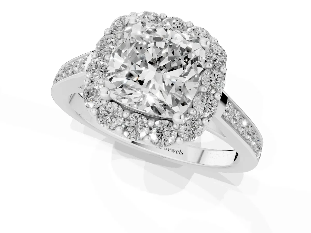 Cushion Cut Diamond Floral Halo Ring with Pavé Band and Prong Setting Platinum