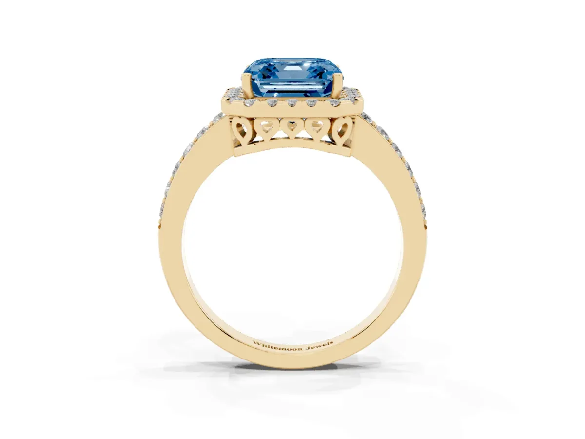 Fancy Blue Asscher Cut Halo Diamond Pavé Band Ring with Prong Setting Yellow gold