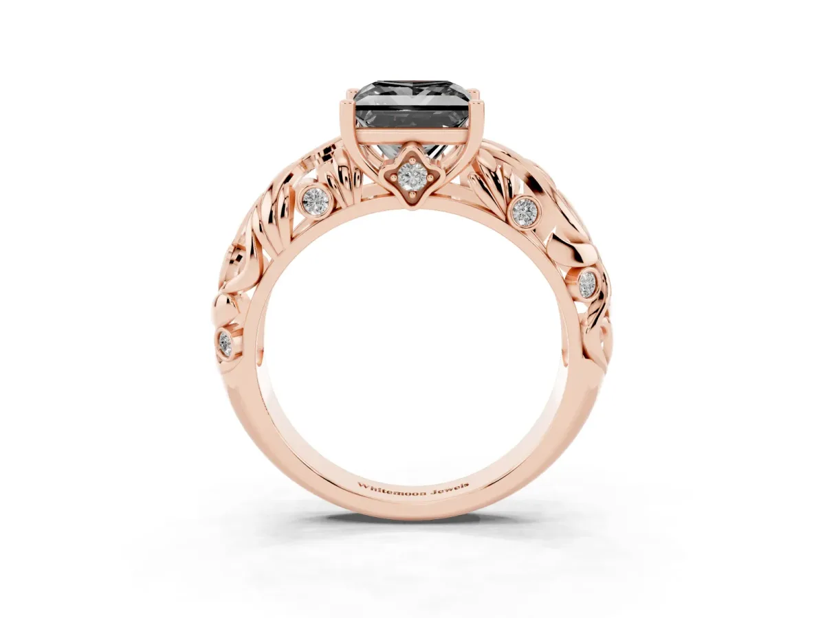 Fancy Black Princess Cut Solitaire Diamond Leaf-Inspired Vine Band Ring with Prong Setting Rose gold