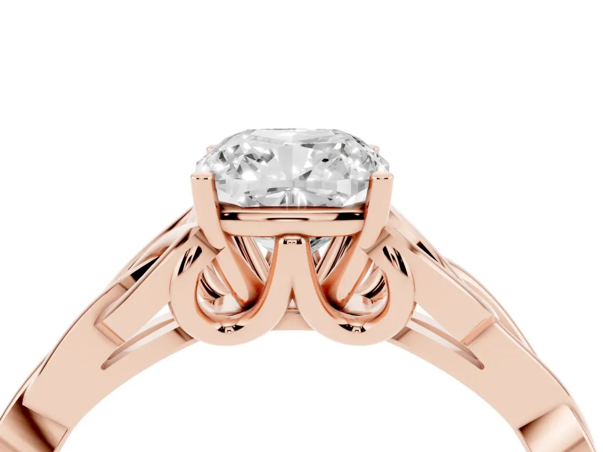 Cushion Cut Diamond Solitaire Engagement Ring with Celtic Knot Band and Four-Prong Setting Rose gold