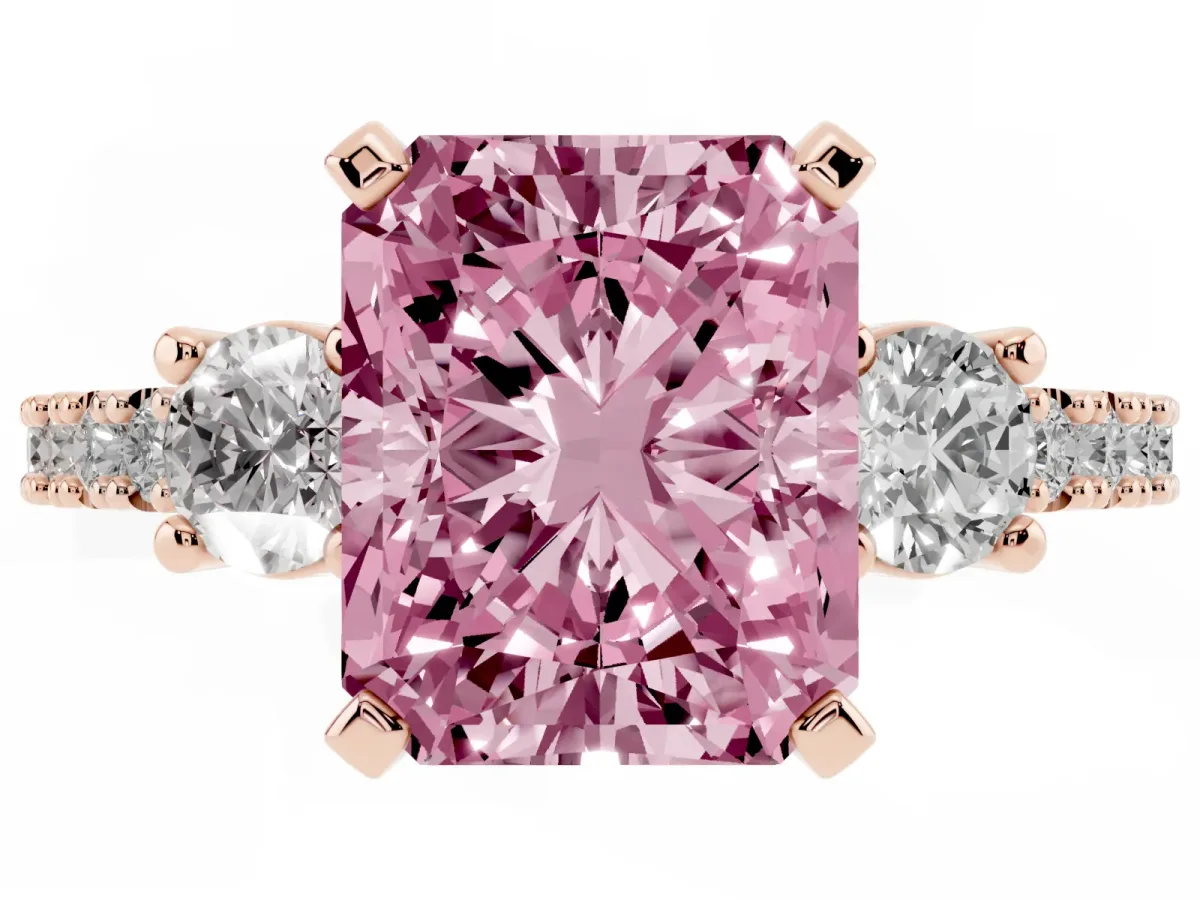 Fancy Pink Radiant Cut Three-Stone Diamond Pavé Band with Prong Setting Rose gold