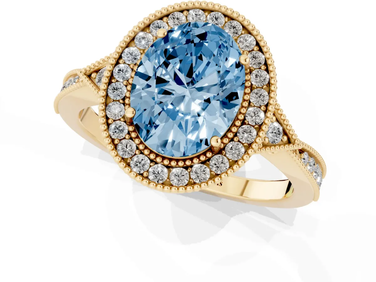 Fancy Blue Oval Cut Halo Round Diamond Milgrain Pave Engagement Ring Yellow gold