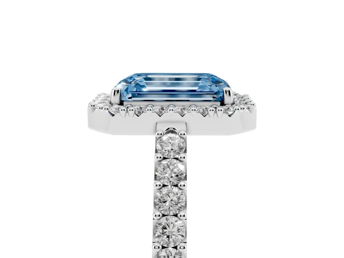 Fancy Blue Emerald Cut Halo Diamond Pavé Solitaire Ring Platinum