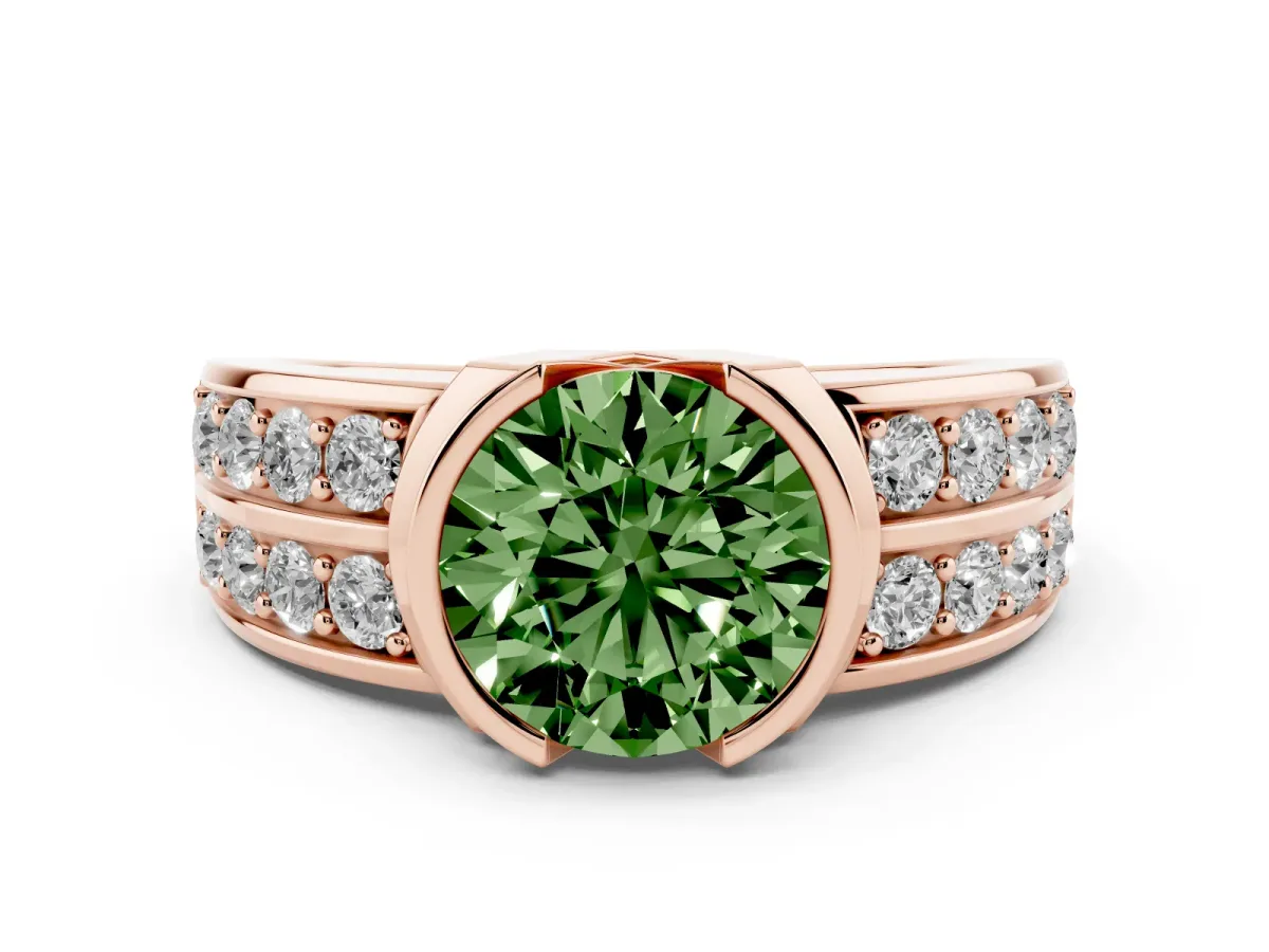 Fancy Green Round Cut Brilliant Diamond Channel Set Wide Band Ring with Bezel Setting Rose gold