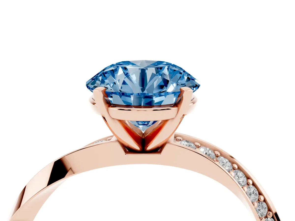 Fancy Blue Round Cut Diamond Engagement Ring with Side Stone Accents and Four-Prong Setting Rose gold