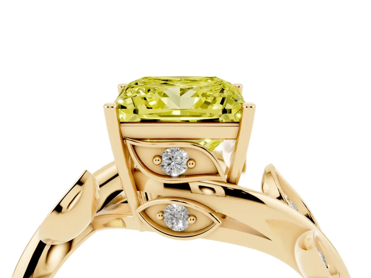 Fancy Yellow Princess Cut Solitaire Twist Engagement Ring with Leaf Accents and Prong Setting Yellow gold