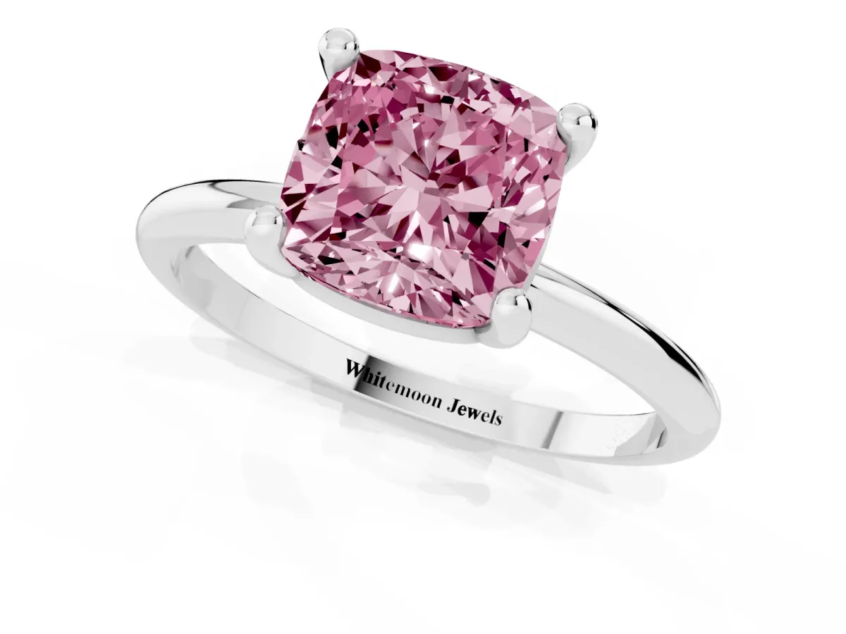 Fancy Pink Cushion Cut Solitaire Diamond Ring with 4-Prong Setting on a Classic Band Silver
