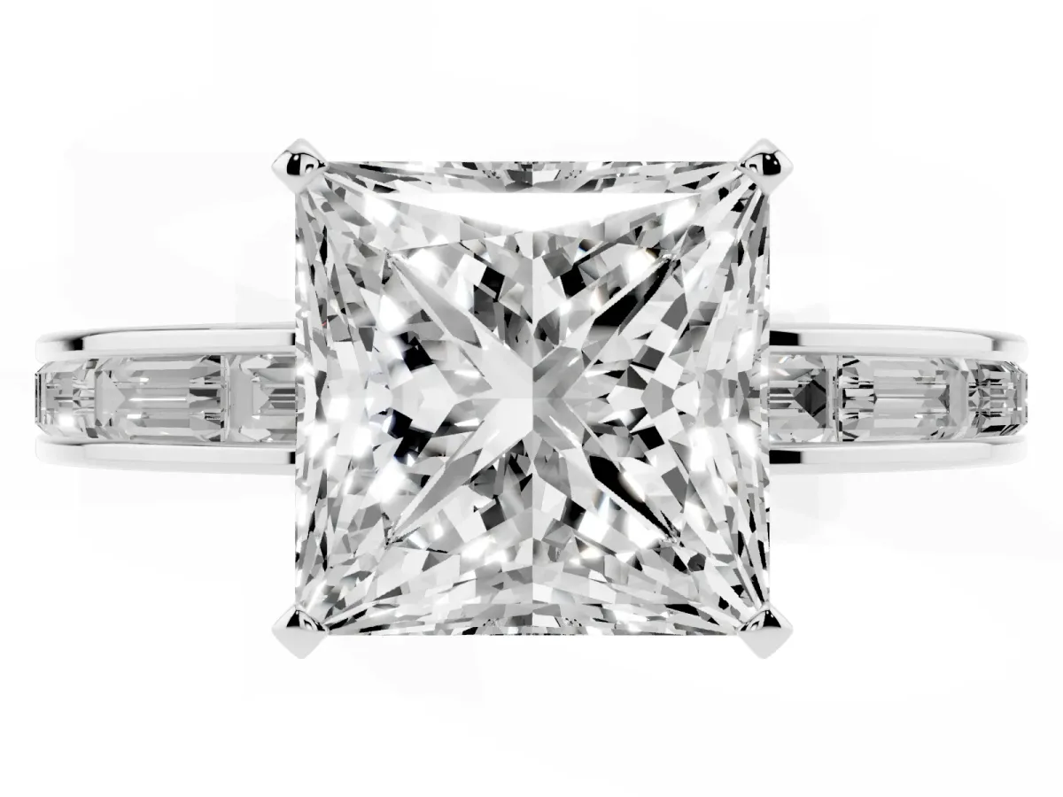 Princess Cut Solitaire Diamond Ring with Channel-Set Baguette Band and Four-Prong Setting Platinum