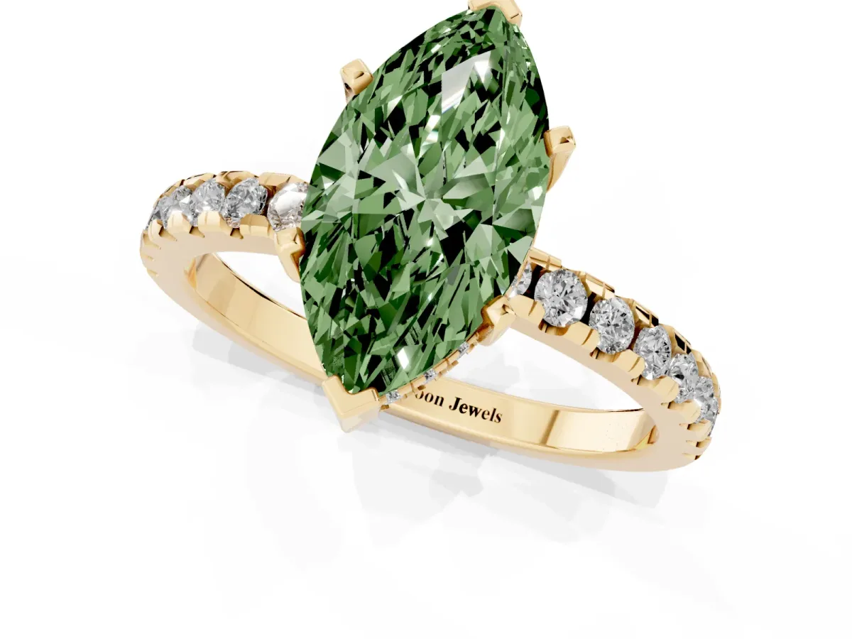 Fancy Green Marquise Cut Diamond Solitaire Ring with Round Pavé Band and Four-Prong Setting Yellow gold