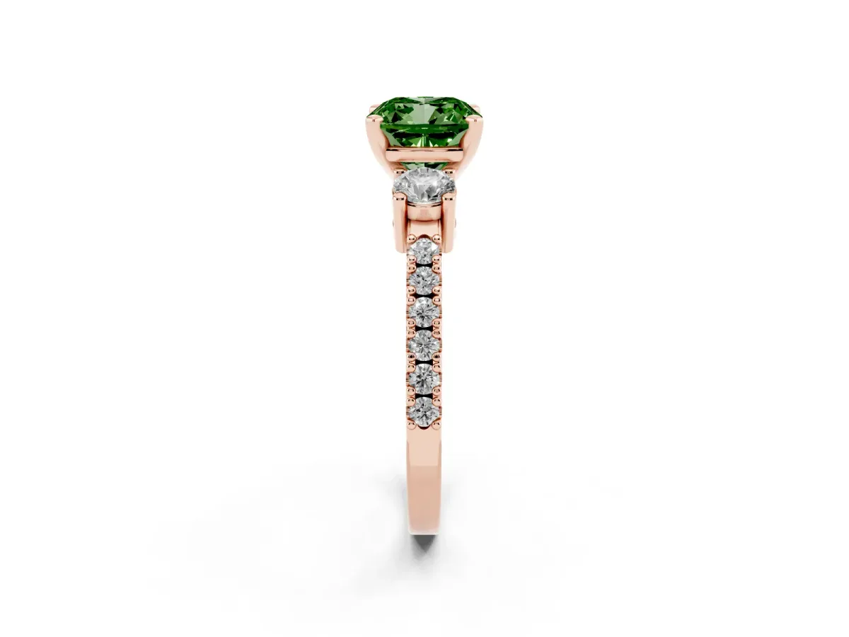 Fancy Green Cushion Cut Three-Stone Diamond Pavé Band with Prong Setting Rose gold