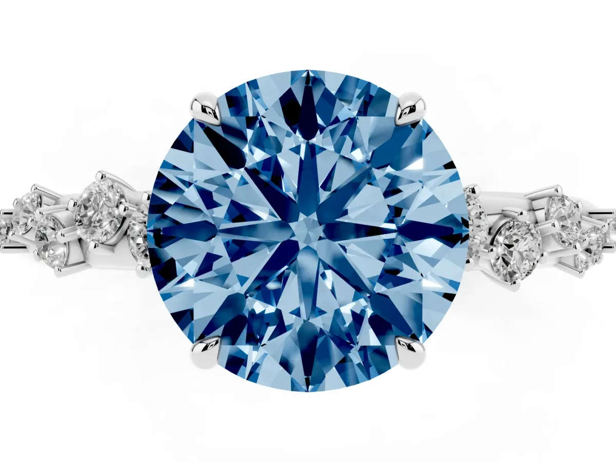 Fancy Blue Round Cut Diamond Cluster Prong-Set Solitaire Ring White gold