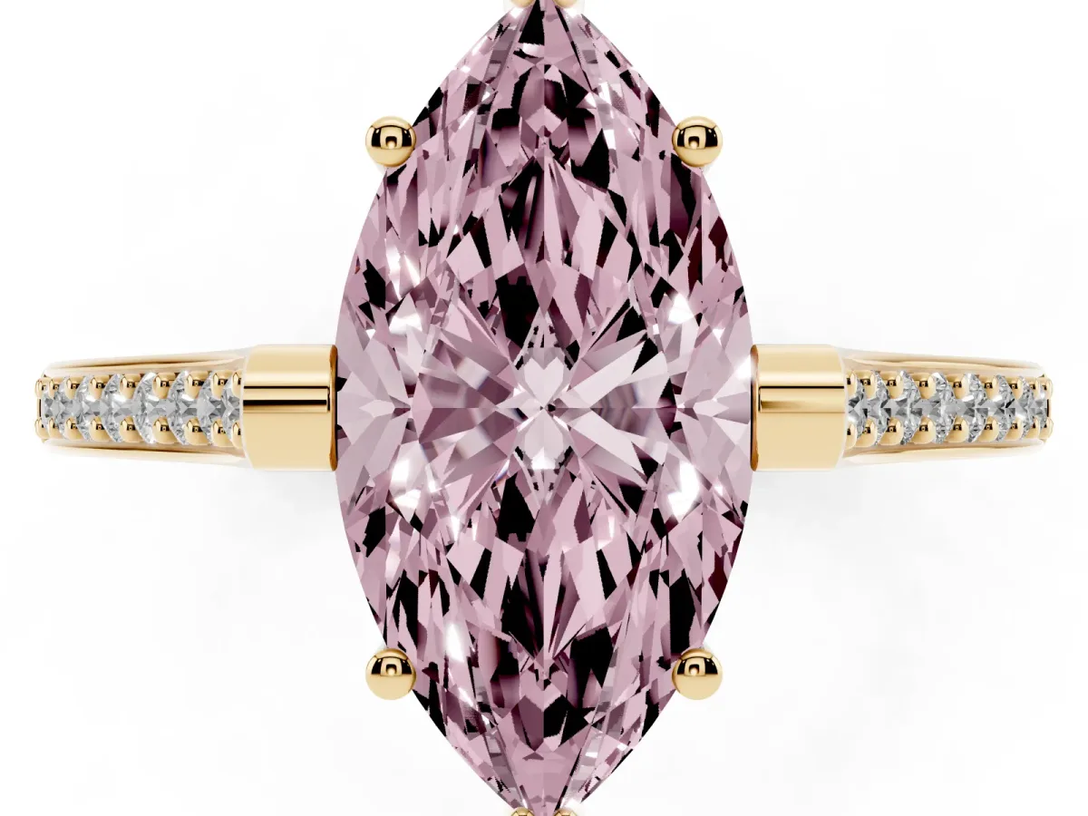 Fancy Pink Marquise Cut Solitaire Diamond Ring with Channel Set Band and Bezel Prong Setting Yellow gold