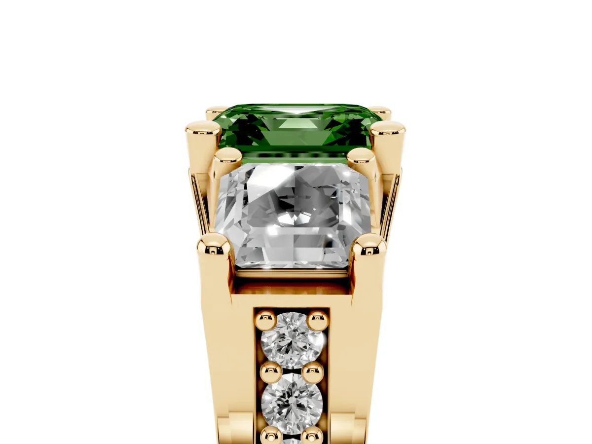 Fancy Green Asscher Cut Diamond Three-Stone Ring with Channel Set Band and Four-Prong Setting Yellow gold