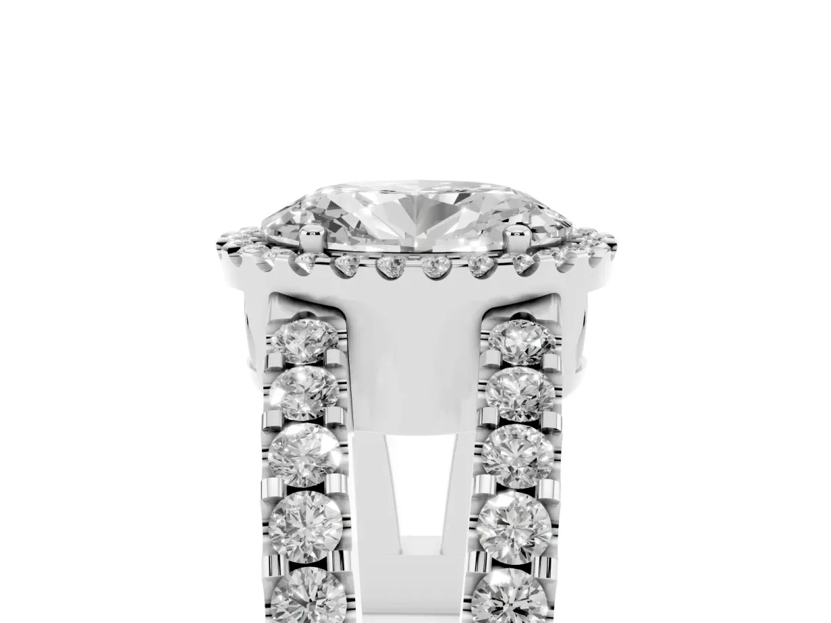 Oval Cut Cut Halo Split Shank Diamond Ring with Four-Prong Setting Silver