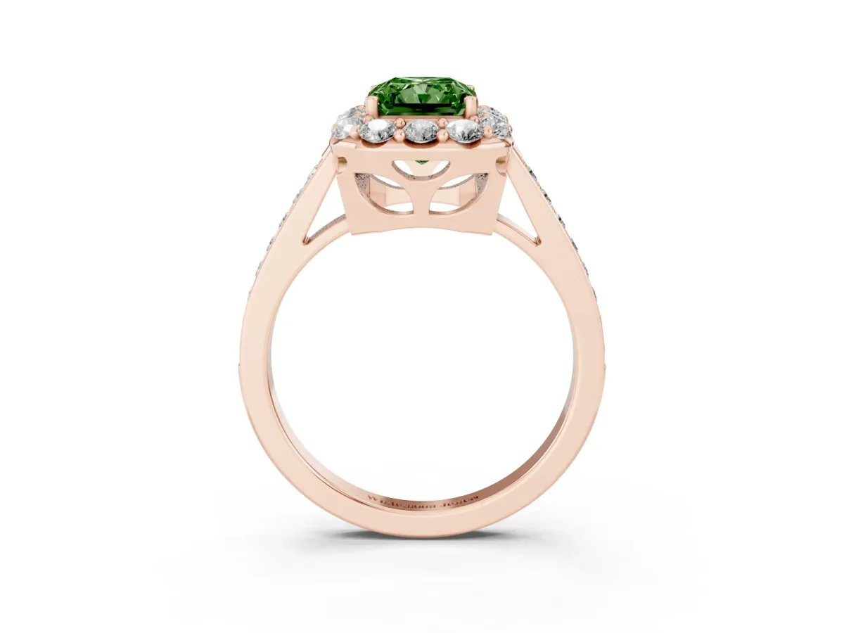 Fancy Green Radiant Cut Diamond Floral Halo Ring with Pavé Band and Prong Setting Rose gold