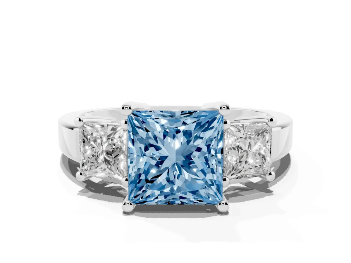 Fancy Blue Three-Stone Princess Cut Cut Solitaire Ring with Prong Setting White gold