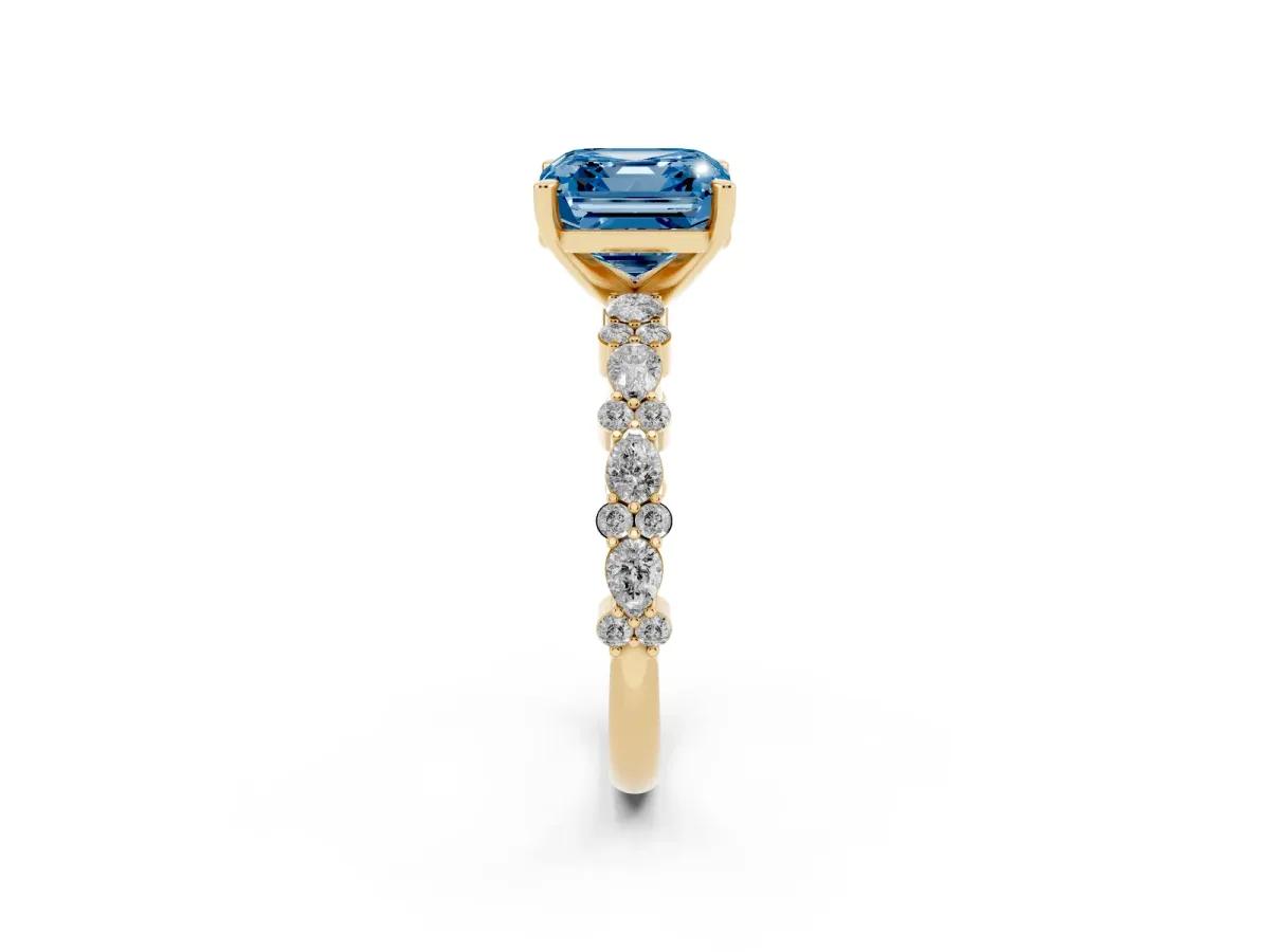 Fancy Blue Asscher Cut Diamond Side Stone Solitaire Ring with Round and Four-Prong Setting Yellow gold