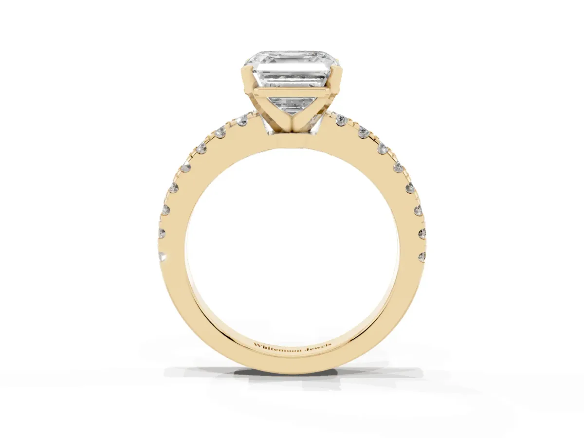 Asscher Cut Solitaire Diamond with Pavé Band and Four-Prong Setting Yellow gold