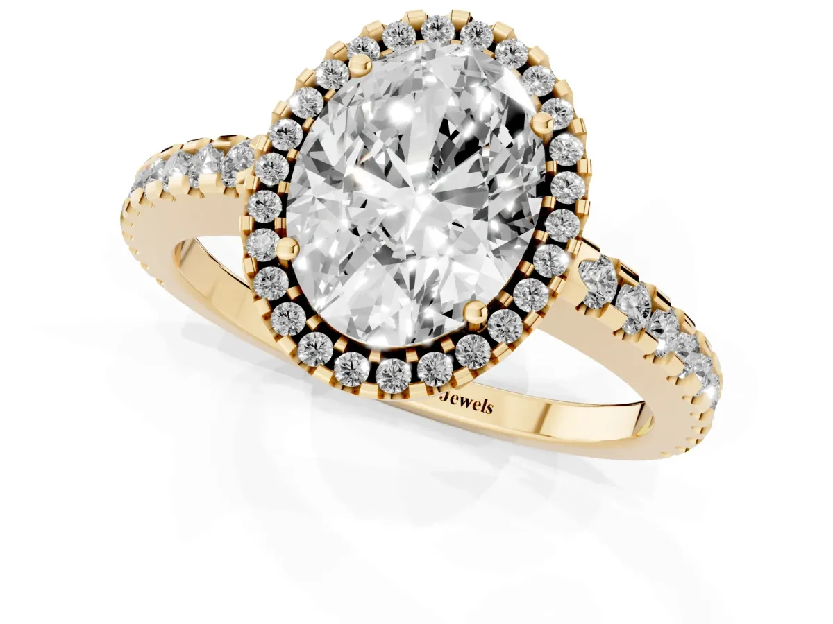 Oval Cut Diamond Halo Engagement Ring with Pavé Band and Prong Setting Yellow gold