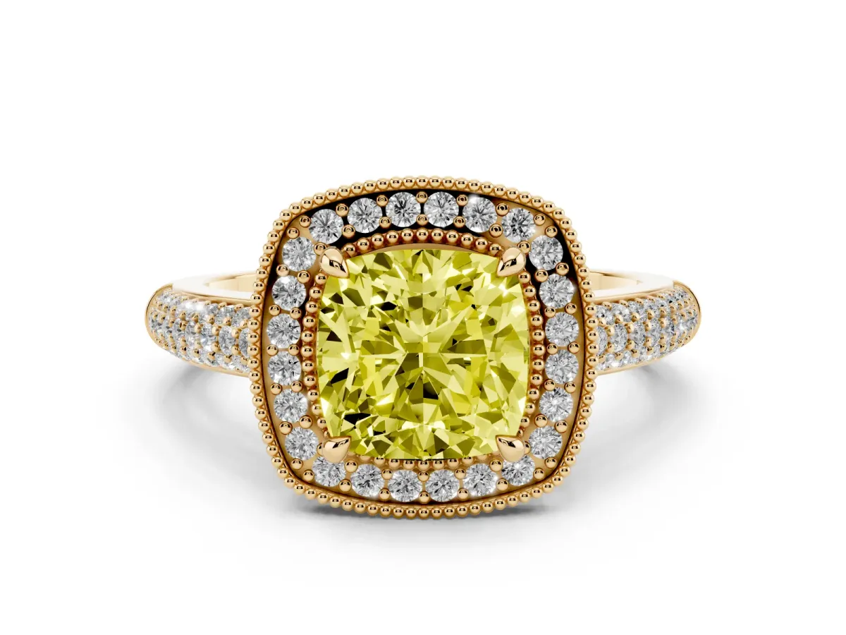 Fancy Yellow Cushion Cut Cut Halo Diamond Pave Band with Four-Prong Setting Yellow gold