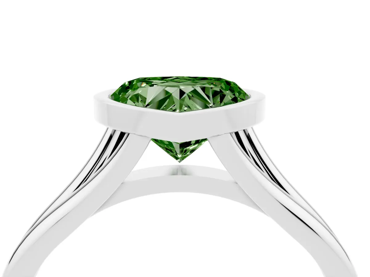 Fancy Green Bezel Set Heart Cut Cut Solitaire Ring with Tapered Band Silver