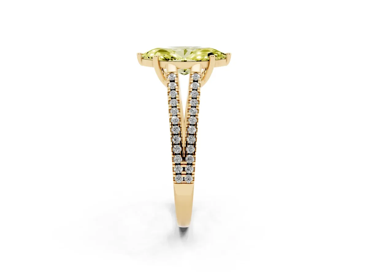 Fancy Yellow Marquise Cut Diamond Solitaire Engagement Ring with Split Shank Pavé Band Yellow gold